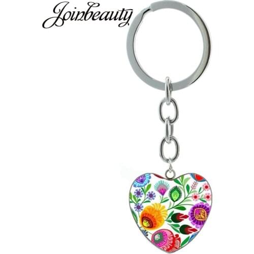 JOINBEAUTY Polish Folk Art Patterns Classical Flower Heart pendant Key Chain Fashion Glass Cabochon Key Ring Car Keychain HP600