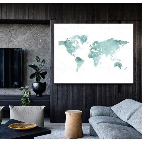 World Map Hanging Painting Mint Green Decoration Painting Living Room Home Canvas Poster Decoration Light Color Wall Art