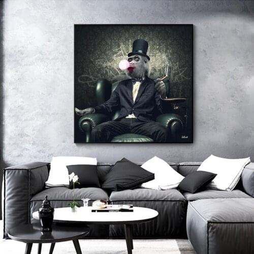 Monkey In Suit Canvas Painting Poster and Monkey Smoking A Cigar Prints Painting Wall Pictures for Living Room Home Decorations