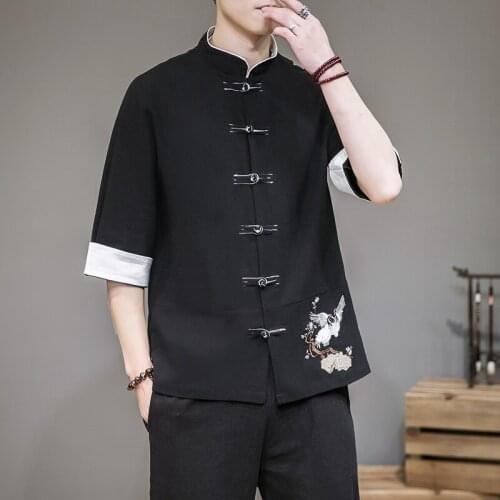 Chinese Traditional Linen Clothes Summer Men Crane Embroider Tang Suit Harajuku Asian Fashion Casual Streetwear Top Shirt KK3387