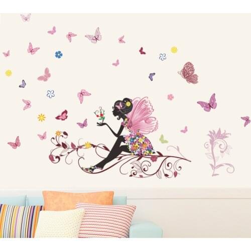 Beautiful Butterfly Girl Flower Art Wall Sticker For Home Decor DIY Personality Mural Child Room Nursery Decoration Print Poster