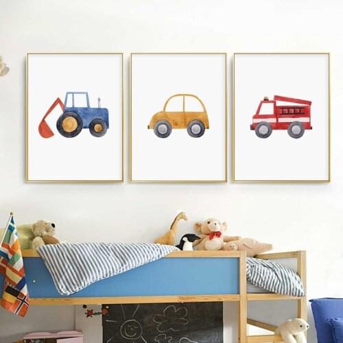 Cute Machine Boys Blue Tractor Fire Truck Canvas Paintings Wall Art Pictures Gift Posters and Prints for Kids Room Home Decor