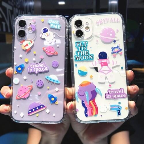 Cute Cartoon Astronaut Planet Phone Case For iPhone 11 Pro MAX X XS XR 7 8 Plus 12 Mini SE2020 Transparent Soft Shockproof Cover