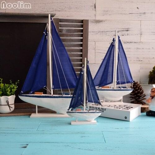 NOOLIM Blue Wooden Saling Ship Model Mediterranean Style Boat Ornaments Home Nautical Decor Crafts Gifts