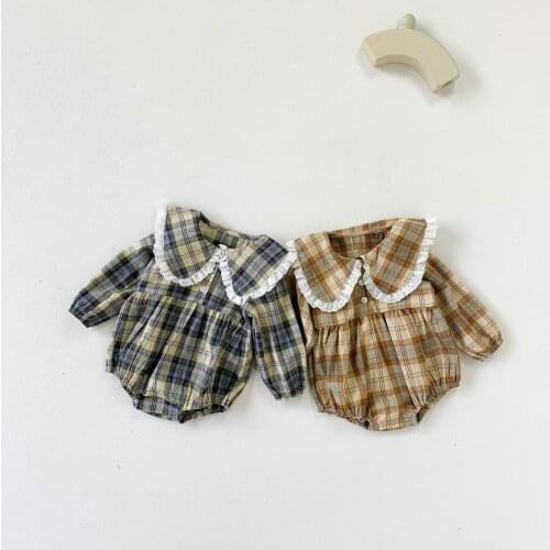 Korean Style Infants Clothes 2021 Spring Newborn Baby Girls Plaid Rompers Long Sleeve Toddlers Kids Jumpsuits