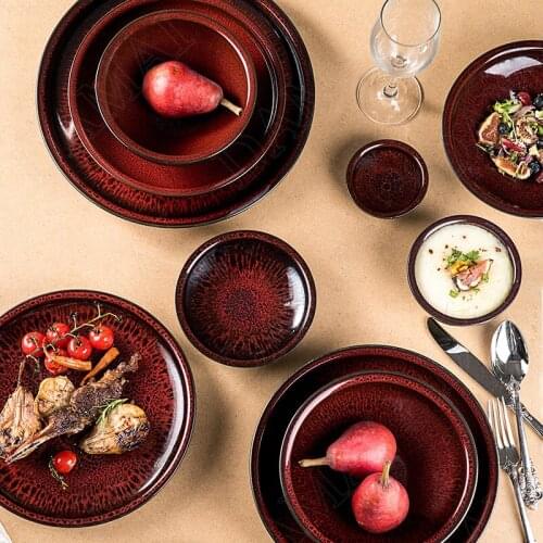 Kiln Change Ceramic Plates Set Red Porcelain Dessert Plate Retro Main Course Hotel Restaurant Serving Tray Kitchen Tableware