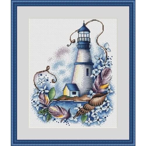 Counted Cross Stitch Kit Blue Lighthouse Handmade Needlework For Embroidery 14ct Cross Stitch