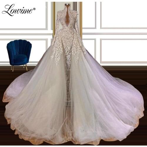 Pearls Wedding Dresses 2021 Floral Appliques Lace Bridal Gowns Vestido De Noiva Plus Size Muslim Dubai Arabic Wedding Gowns