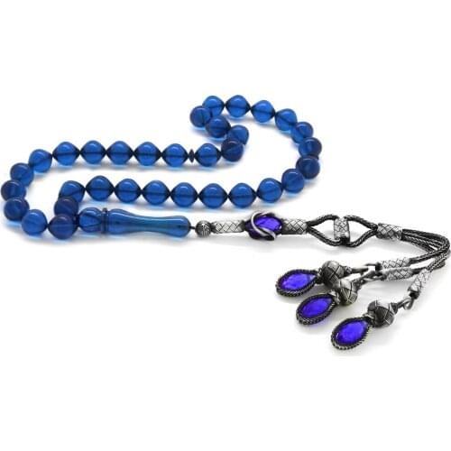 Tesbihane 1000 Sterling Silver Kazaz Tassels Istanbul Cut Dark Blue Crimping Amber Prayer Beads
