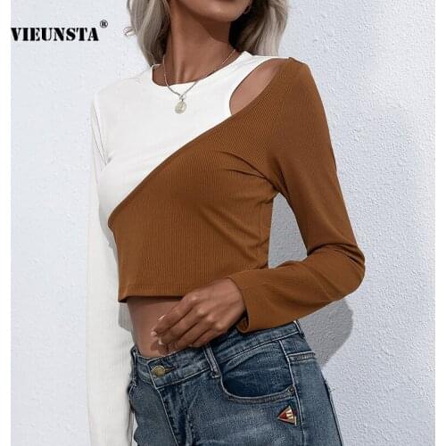 Sexy Hollow Out Off Shoulder Super Short Slim Tops Elegant Color Stitching O Neck Long Sleeve Women Autumn Winter Top Ladies Top