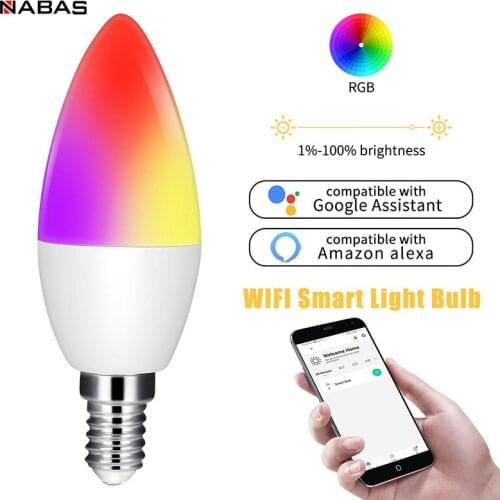 NABAS Tuya Smart WiFi LED Bulb E14 RGB CW Dimmable LED Lamp Voice Control 5W Candle Bulb Work With Alexa Google Home Assistant