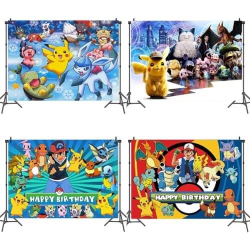 Pokemon Pikachu Birthday Party Backdrop Anime Cartoon Vinyl Background Backdrop Photography Wall Hanging Party Supplies Decor