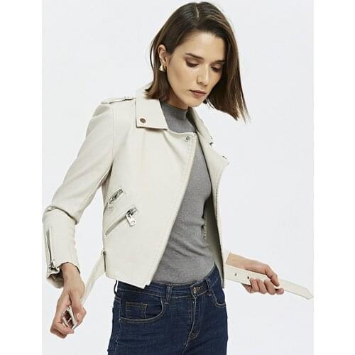 Spring Women Turndown Collar Zipper Biker PU Leather Jacket Female Faux Soft Leather Motorcycle Jackets With Belt Coat