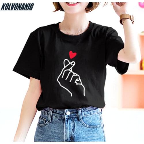 2019 Summer Fashion Streetwear Femme Korean T-Shirts Women Cotton Gesture Love You Graphic Tees Finger Heart Printed T Shirt Top