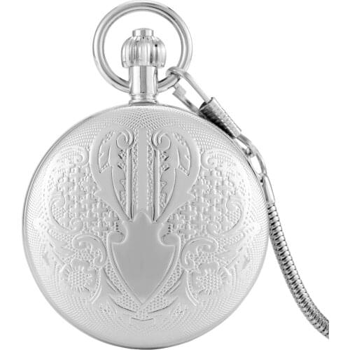 Shield Carve Design Silver Copper Shell Pocket Watch Automatic Mechanical Arabic Digital Dial Women Necklace Pendant Collectible