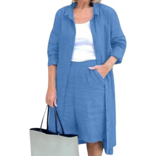 Womens Tracksuit Shorts Set Long Sleeve Long Style Shirt Shorts Two Piece Set Women Shirt Suit Streetwear