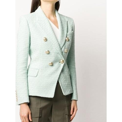 HIGH QUALITY Newest 2021 Designer Jacket Womens Classic Metal Lion Buttons Double Breasted Tweed Blazer Mint Green