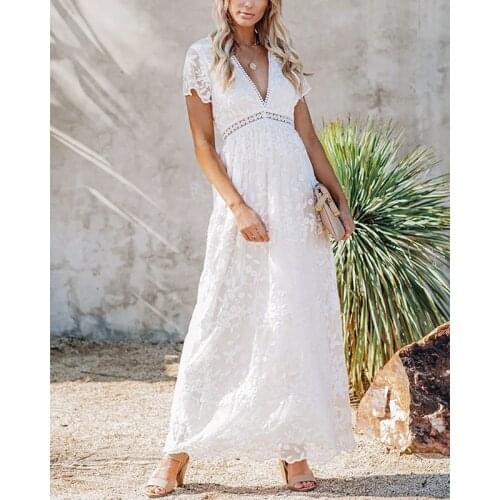 Ordifree 2021 Summer Boho Women Maxi Dress Embroidery Short Sleeve Vocation Sexy White Lace Tunic Long Beach Dress