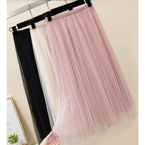 Zoki New 2021 Women Tulle Skirt Elastic High Waist Mesh Spring Summer Fashion Long Skirt A Line Black Girl Korean Pleated Faldas