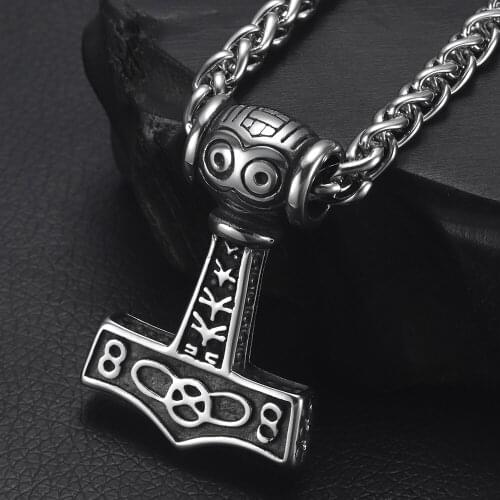 316L Stainless Steel Viking Thors Hammer Pendant Necklace Jewelry Mens Long Chain Necklaces Vintage Jewellery Gift