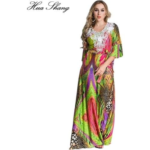 6XL 7XL Plus Size Dresses Women Maxi Long Dress Flare Half Sleeve Belt Lace Colorful Print Bohemian Beach Dress Party Dresses