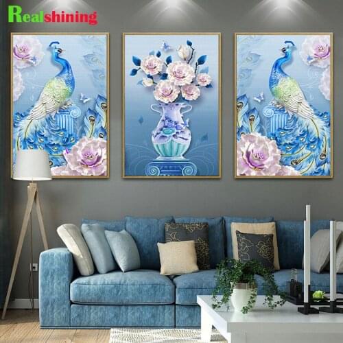Blue peacock & flower Diamond Painting Animal Diy Full Drill Diamond Embroidery 5D Diamond Mosaic Triptych Home Decor N2037