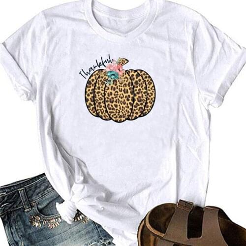 Thankful Leopard Woman Tshirts Pumpkin Print Graphic Tees Halloween 2021 New Autumn Shirt Girls Plus Size Graphic Tee
