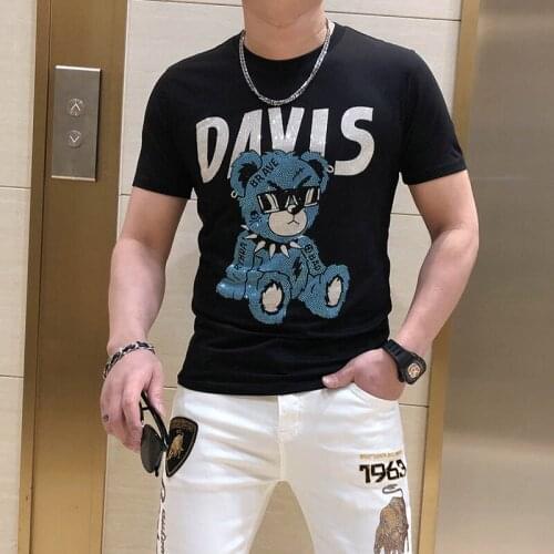 T-Shirt Mens Summer Tees Top Quality O-Neck Cotton Casual Personality Hot Diamond Bear Pattern Suitable For Spring Black White