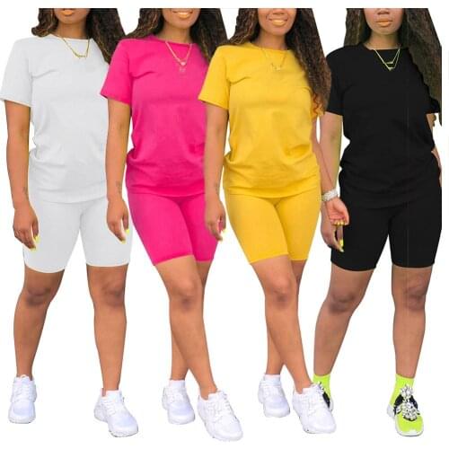 New Women Casual Solid Color Short Sleeve T-shirt Elastic Shorts Cotton Tracksuit Outdoor Workout Fitness Running Sport Tracksui