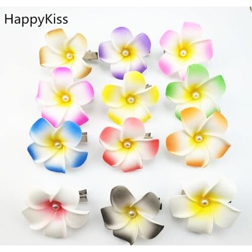HappyKiss 12pcs 4cm mixed color Foam Hawaiian Plumeria flower Frangipani Flower bridal hair clip butterfly hair clips hair pin