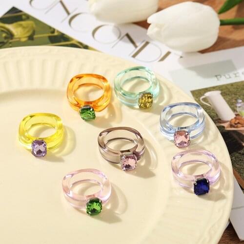 Ins Aesthetic Colorful Transparent Resin Acrylic Crystal Korean Geometric Irregular Square Rings For Women Trendy Jewelry Anillo