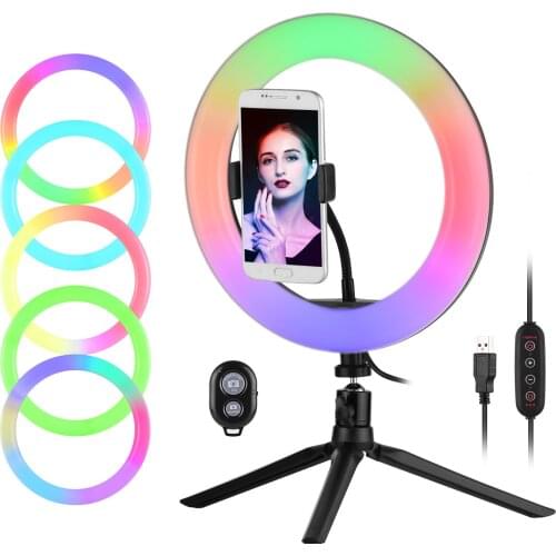 10 Inch RGB Ring Light Colorful LED Photography Lamp Dimmable USB Powered with Phone Holder Ballhead Adapter Mini Desktop Tripod