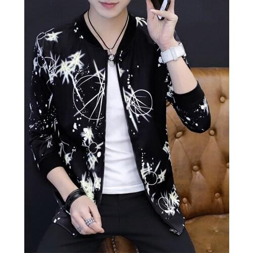 Mens Floral Zipper Baseball Collar Slim Fit Jacket Outwear Casual Tops Boys Coat Spring Thin