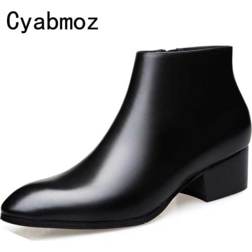 Autumn winter mens genuine leather boots thick high heels fashion high top zip ankle boots dress shoes men career work boots man