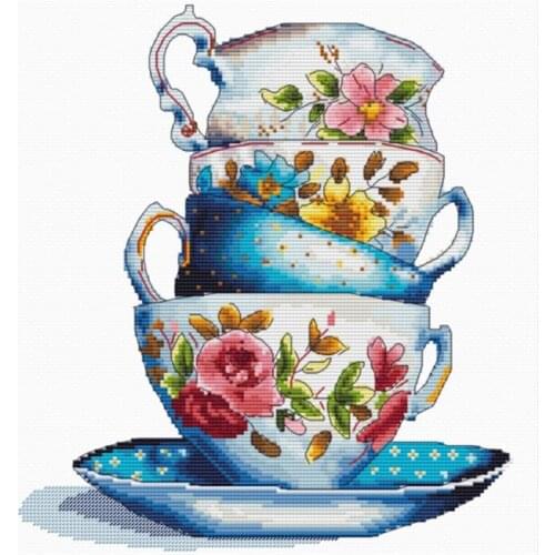 Cross Stitch Kit 100% Cotton 11CT Printed Cloth Handmade Material Bag With Chinese Embroidery Stacked Flower Teacups