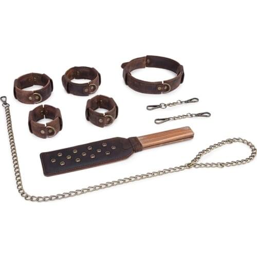 Brown Vintage Real Leather Sex BdSM 4pcs Bondage Set Spanking Paddle Collars Ankle Cuff Handcuffs Sex Toys Kits For Couples New