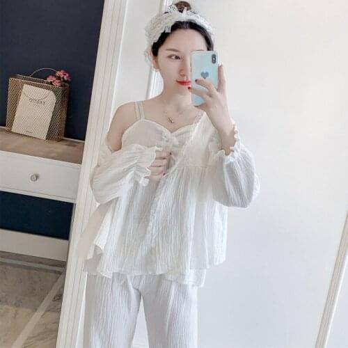 New spring Summer Palace lace princess condole belt three-piece pajamas ladies gown four-piece home clothes пижам