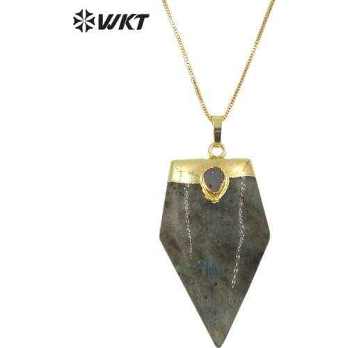 WT-N970 Wholesale Custom Natural Labradorite Stone Pendant Necklace With Druay Pave On Gold Cap For Unique Shape Jewelry Arrived
