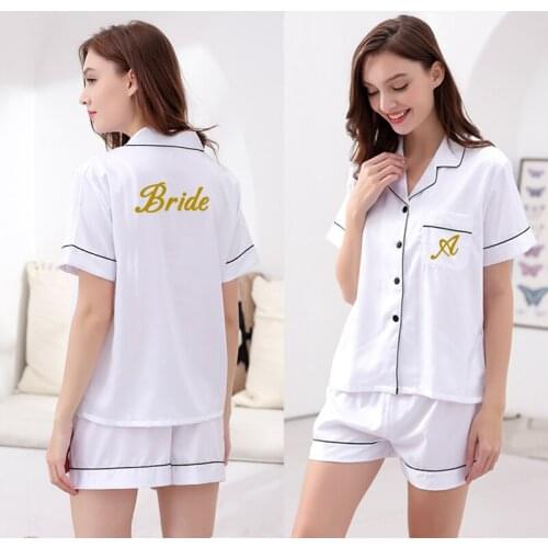 Womens Ladies Satin Wedding Bridesmaid Bride Pyjama Set Silky Lounge Wear Pajamas Short Sleeve Pjs Set