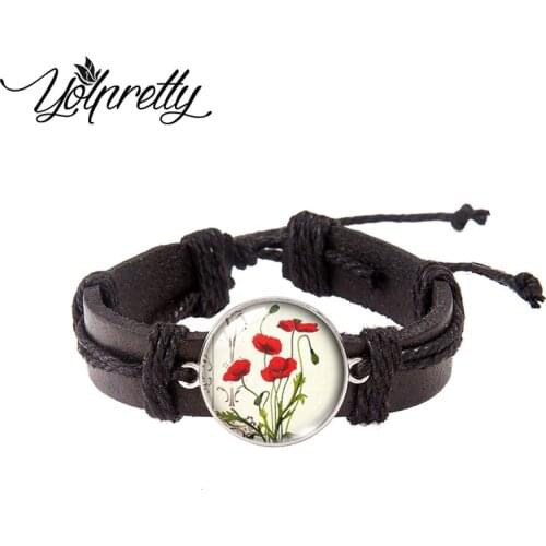 Poppy Red & White Flower Lace-up Leather Bracelet Glass Cabochon Charm Pendants Jewelry for men