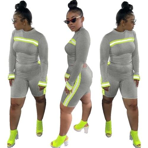 Grey color neon green striped 2 piece set women o-neck full sleeve top and biker shorts casual tracksuit outfit MDN8282