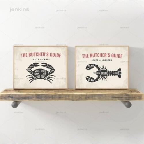 The Butchers Guide Crab Lobster Butcher Diagram Posters and Prints Kitchen Wall Art Canvas Painting Restaurant Wall Decor