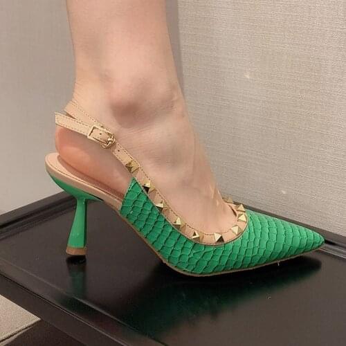 New Green Thin High Heel Women Sandal Shoes Fashion Rivet Pointed Toe Slip On Slingback Ladies Elegant Outdoor Dress Pumps Shoes
