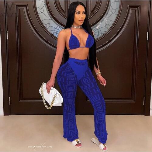 VAZN Summer 2021 European and American Sexy Womens Pure Color Print Backless Swimsuit Net Two Piece Set