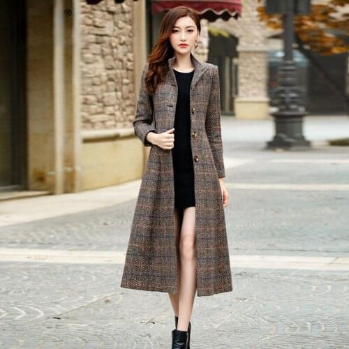 Woolen Plaid Coat Womens Female Long Coats Plus Size Casaco Feminino Elegant Overcoat Ladies Jacket Abrigos KJ199
