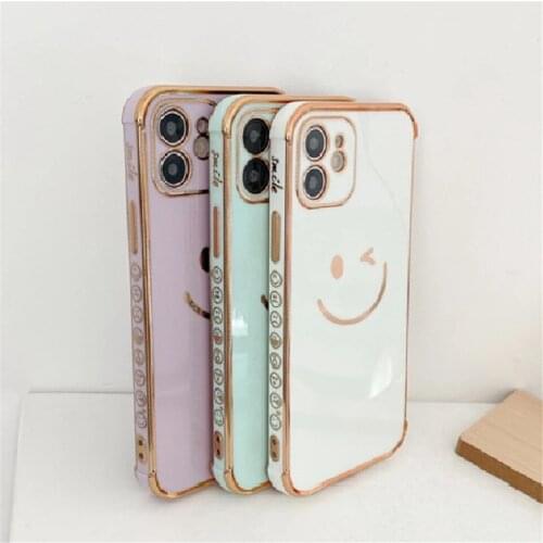 Cute Cartoon Plating Bumper Phone Case For iPhone 11 12 Pro Max X XR XS 12 Mini 7 8 Plus SE2 Smile Face Pattern Protection Cover