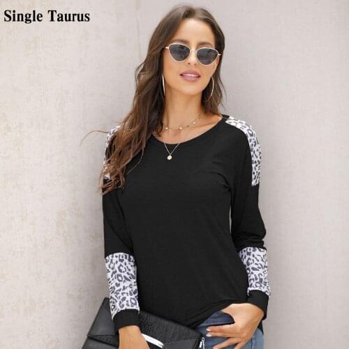 Female Spring Autumn Top Long Sleeve Solid Color Casual Tee Female Leopard Stitching Homewear Tees Fashion Loose Lady T-shirt