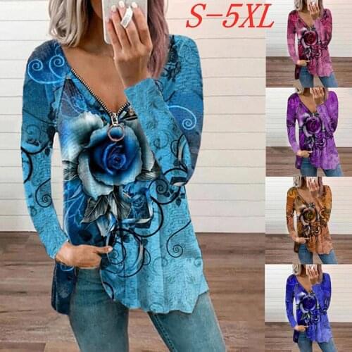 Summer T Shirt Women 2021 v-neck zipper printing long-sleeved casual rose Female Tee Tshirts dropshipping YFF6452