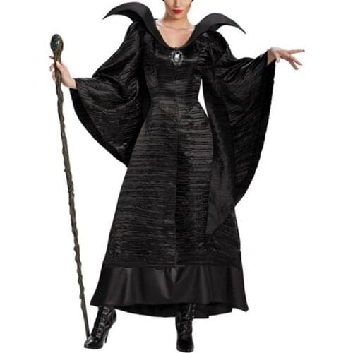 Women Plus Size Halloween Movie Deluxe Black Long Gown Evil Queen Witch Dress Cosplay Party Costume with Horn Hat Headpiece
