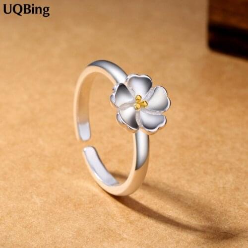 Free Shipping 925 Sterling Silver Ring Gold Sakura Flowers Silver Rings Women Jewelry Gift Finger Open Rings Anillo Anel De